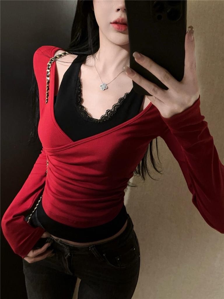 Women's V Neck Long Sleeve Crop Top Faux Two Piece Halter Lace Splice Slim Fitted Y2K Spring Layering Blouse