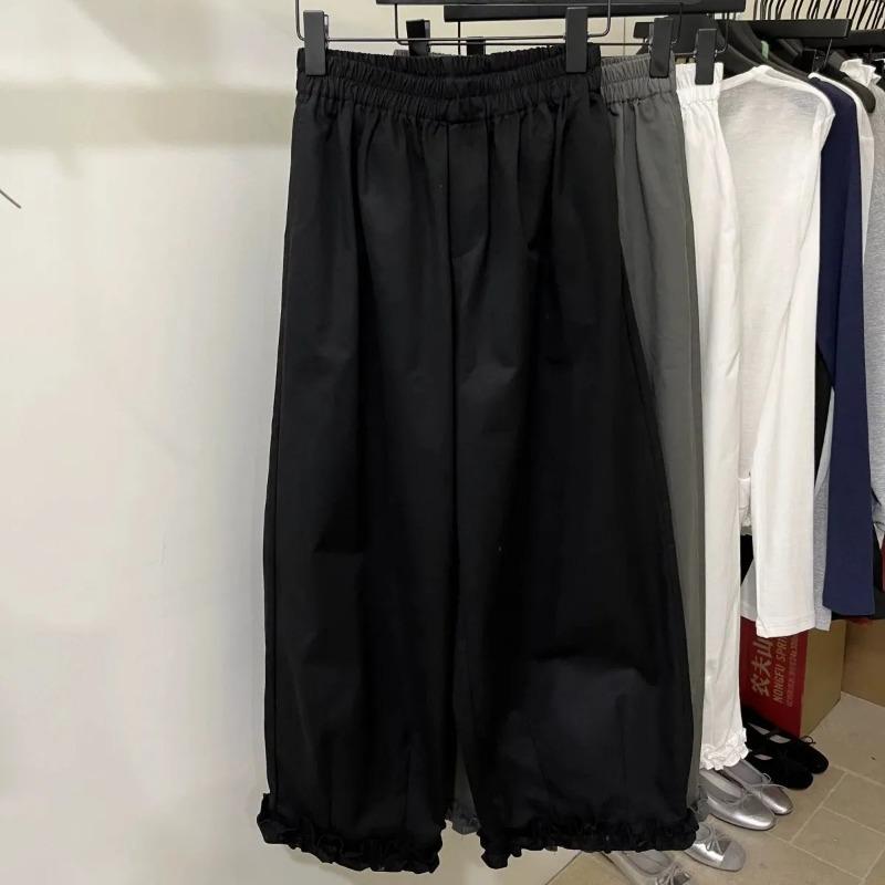 Women Casual Elastic Waist Wide Leg Pants Ruffle Hem Loose Trousers