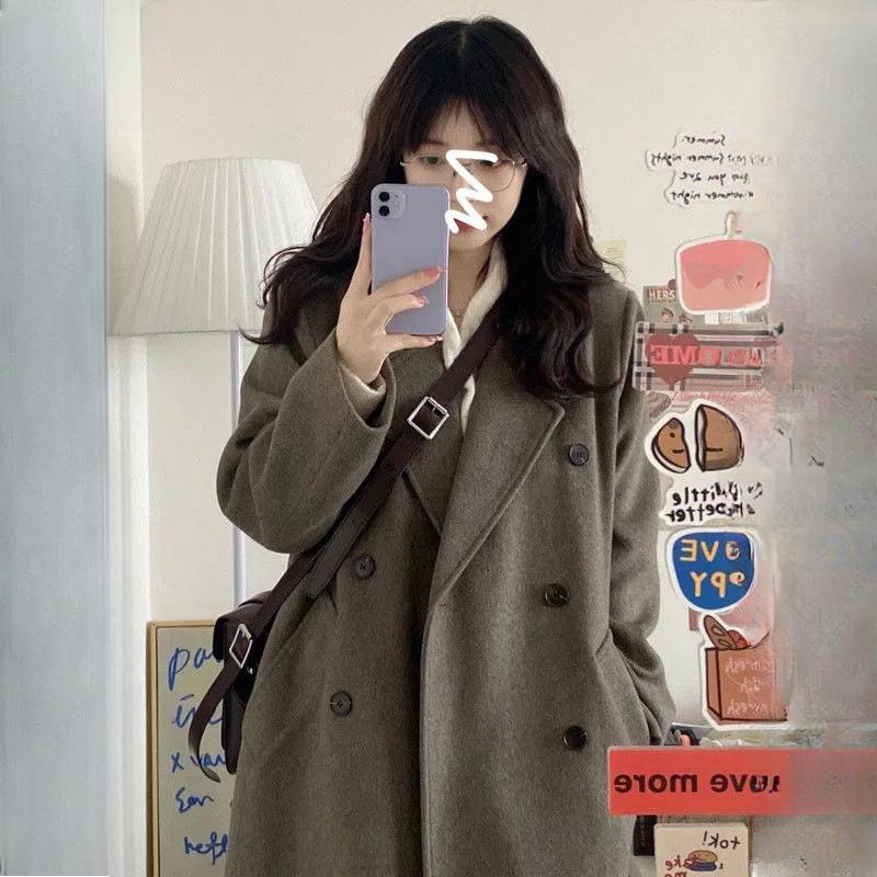 Women's Korean Style Black Woolen Coat Woolen Overcoat Autumn Winter Blazer Outer Wear