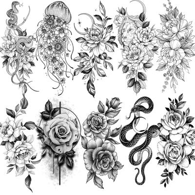 10 Blatt realistische Blumen temporäre Tattoos für Frauen Arm gefälschte Qualle Tattoo schwarz 3D Pfingstrose Rose Schlange Tatoos langlebig
