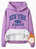European/American Style Fleece-Lined Hoodie with New York Print and Kangaroo Pocket for Women - Autumn/Winter