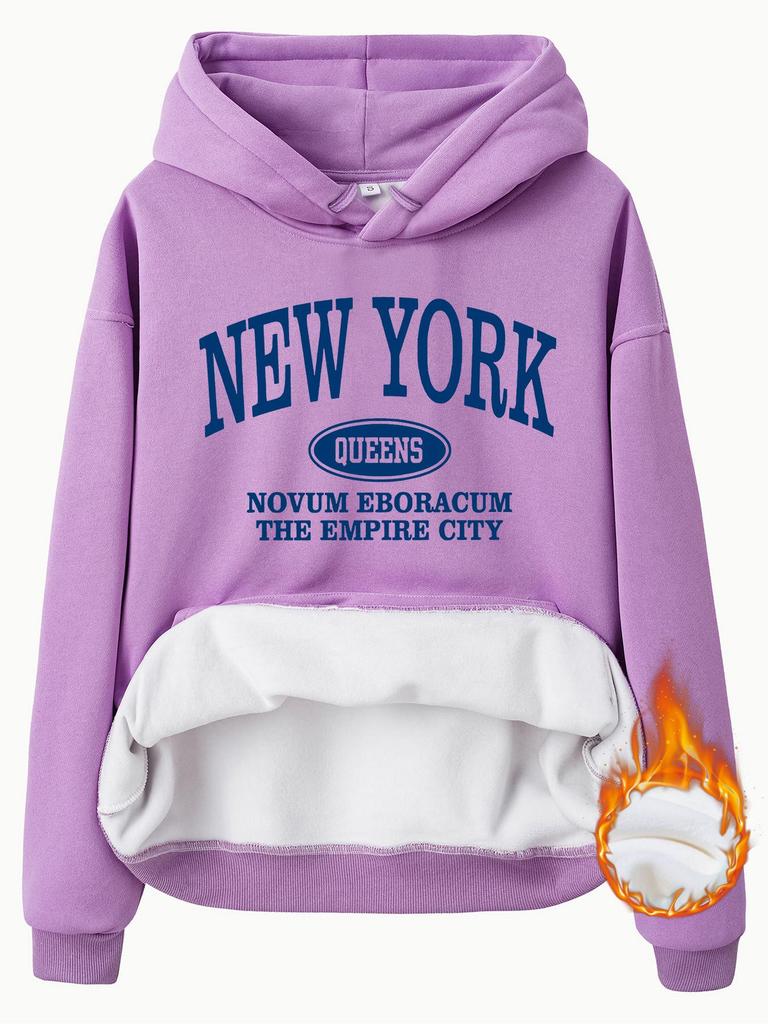 European/American Style Fleece-Lined Hoodie with New York Print and Kangaroo Pocket for Women - Autumn/Winter