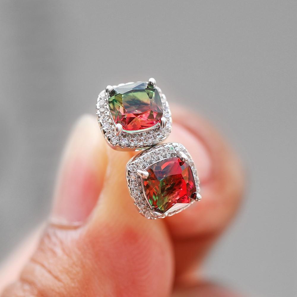 Popular Mini Square Group Set with Diamond Gradient Tourmaline Earrings and Ear Buckles