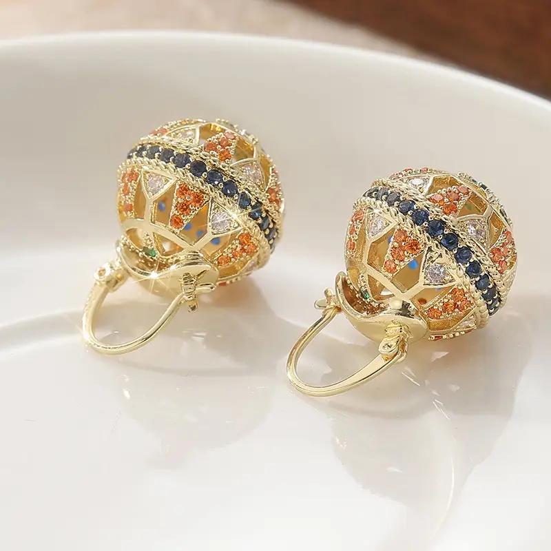 Exquisite  Gold Color Round Inlaid with Multicolored Zircon Dangle Earrings for Women Daily Accessory Gifts