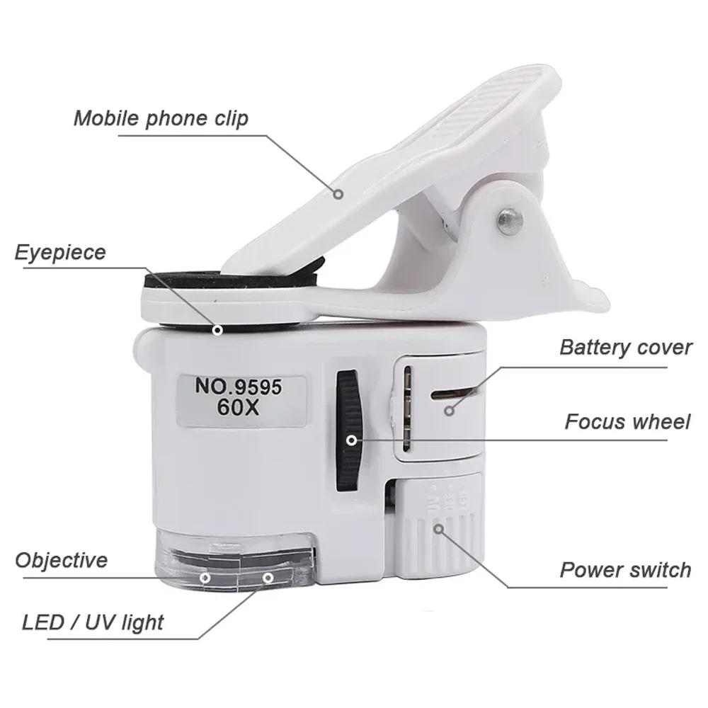 60X Adjustable Focus Pocket Microscope with UV LED Light For Universal Clip Magnifier for Phone and Antique Inspection