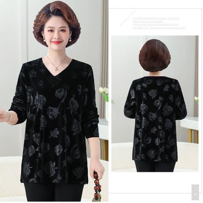 Damen Übergröße Samtbluse V-Ausschnitt Locker Bedruckte Samtbluse Frühling und Herbst Langarm Übergröße T-Shirt Top