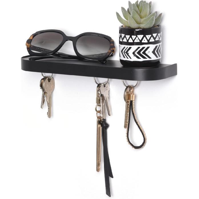 Key Holder Wall Mount, with 5 Hooks and Small Shelf, Sturdy Metal Rack for Keys/Leashes/Bags/Glasses