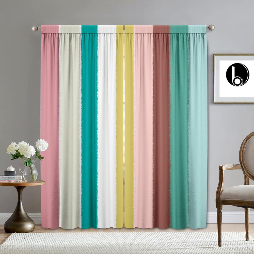 2PC Home Decoration Curtains With Geometric Stripes Background And Rod Pocket Curtains, Suitable For Kitchens, Cafes, Living