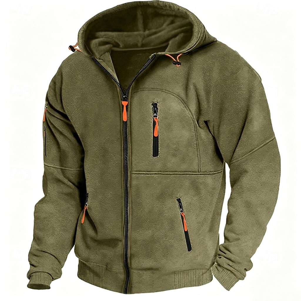 Men's Winter Color Hooded Zip-Up Sweatshirt with - Pockets for Daily Wear
