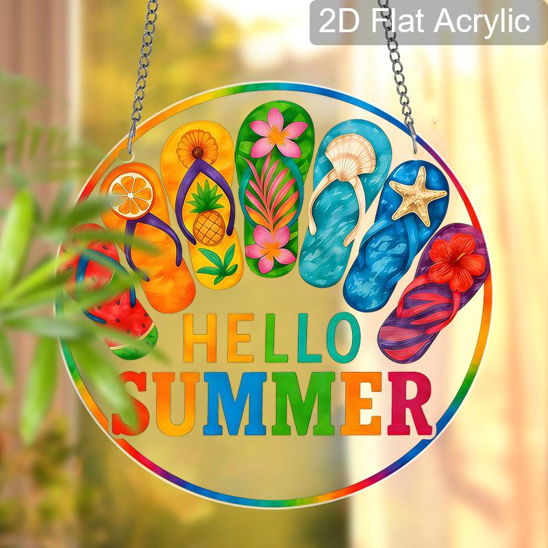 Acrylic Hello Summer Flip Flop Suncatcher Stained Glass Effect Window Hanging Ornament Summer Decor