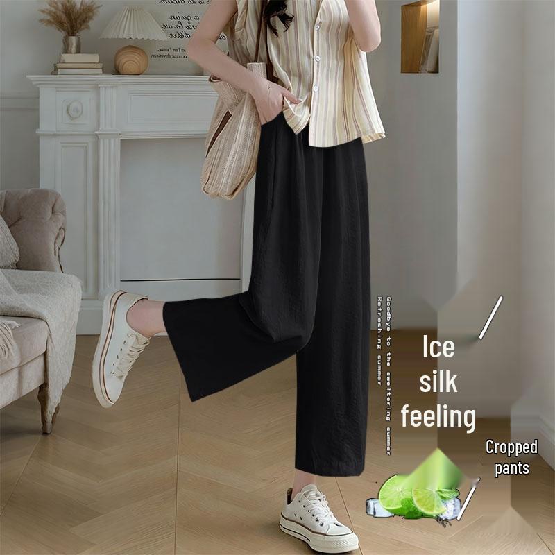 Plus Size Ice Silk Wide Leg Cropped Pants - Trendy Korean Style for Spring & Summer
