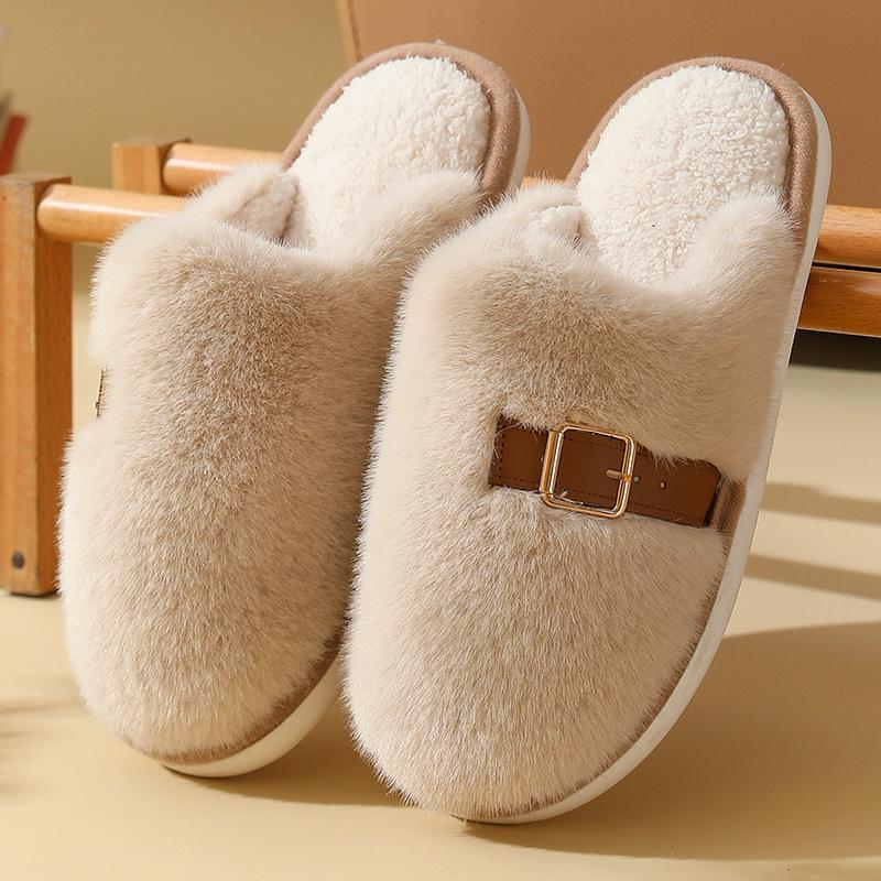 Simple solid color cotton slippers women's autumn and winter home use warm and non-slip couple's premium plush slippers men's