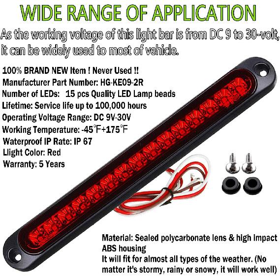 2 Pack 10" 15 LED Trailer Identification Light 9 To 30-Volt, LED Stop Turn Tail Light Assembly Third Brake Bar Strip Rear Marker Light IP67