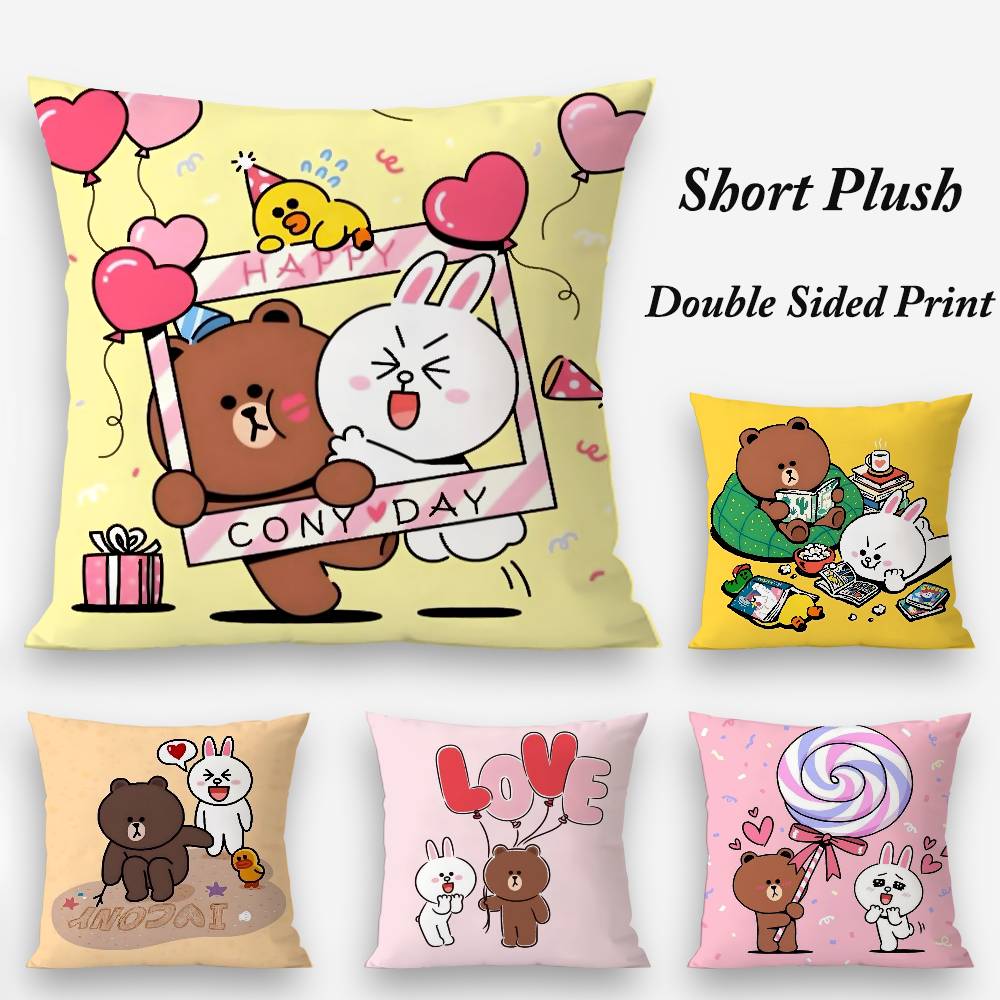 B-Brown Bear and C-Cony Pillow Case Plush Fabric Soft Double Sided Print Sofa Cushion Cover Throw Pillow Covers