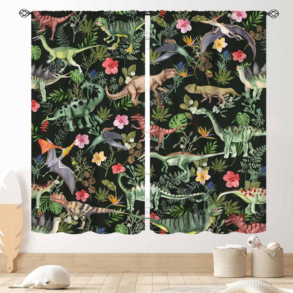 Dinosaur Curtains Boys Room Cartoon Dino Navy Blue Safari Animal Outer Space Planet Astronaut Theme Baby Window Curtain Blackout Polyester