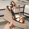 Fashion Cross Straps Open Toe Wedges Women Sandals Solid Color Open Toe Real Patent Leather Espadrilles Shoes Newest Summer 14cm Heels