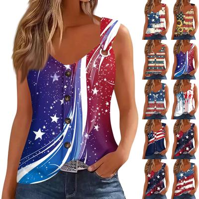 Damenmode Lässig Locker Ärmellos Geknöpft V-Ausschnitt Unabhängigkeitstag Bedrucktes T-Shirt Top