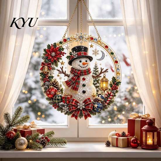 Festive Fireplace Wall Decorations Xmas Snowman Hanging Ornament, Round Acrylic Santa Reindeer Christmas Gift Ideas Door Sign for Window Decor