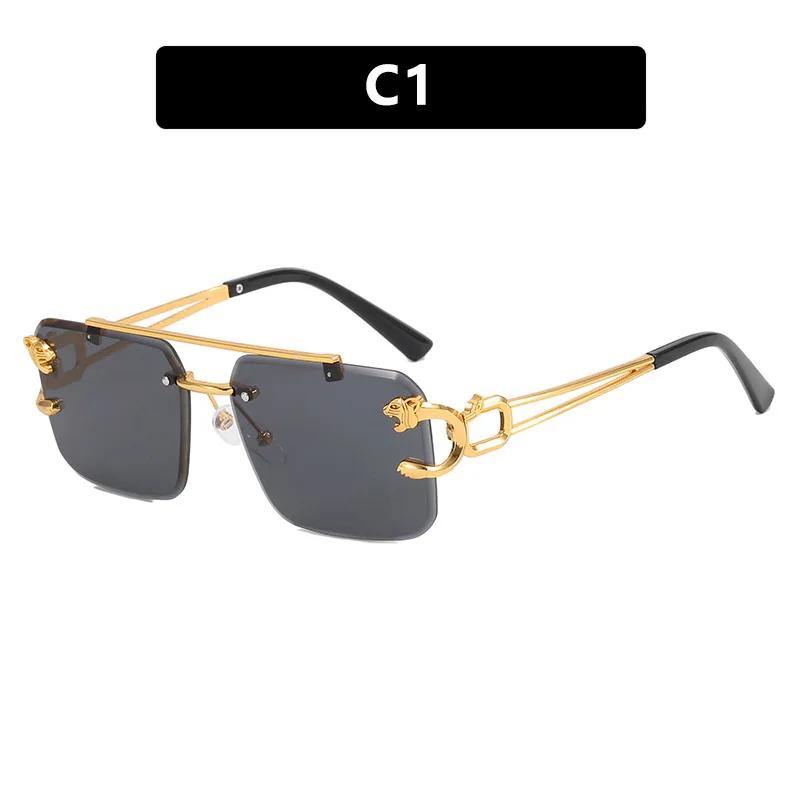 New Double Beam Square Sunglasses Leopard Frameless Cut Edge Sunglasses Women Vintage Trend Brand Design Men Shades Eyewear