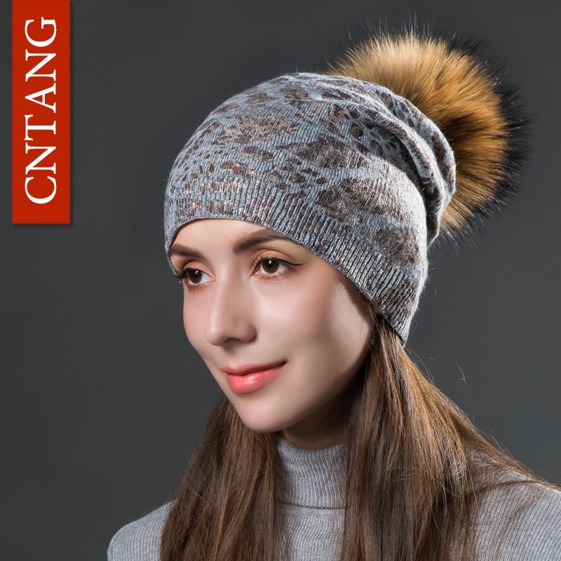 Women Winter Warm Hats Fashion Bronzing Leopard Hats with Natural Pompom Fur Caps Female Knitted Wool Hat Raccoon Beanies