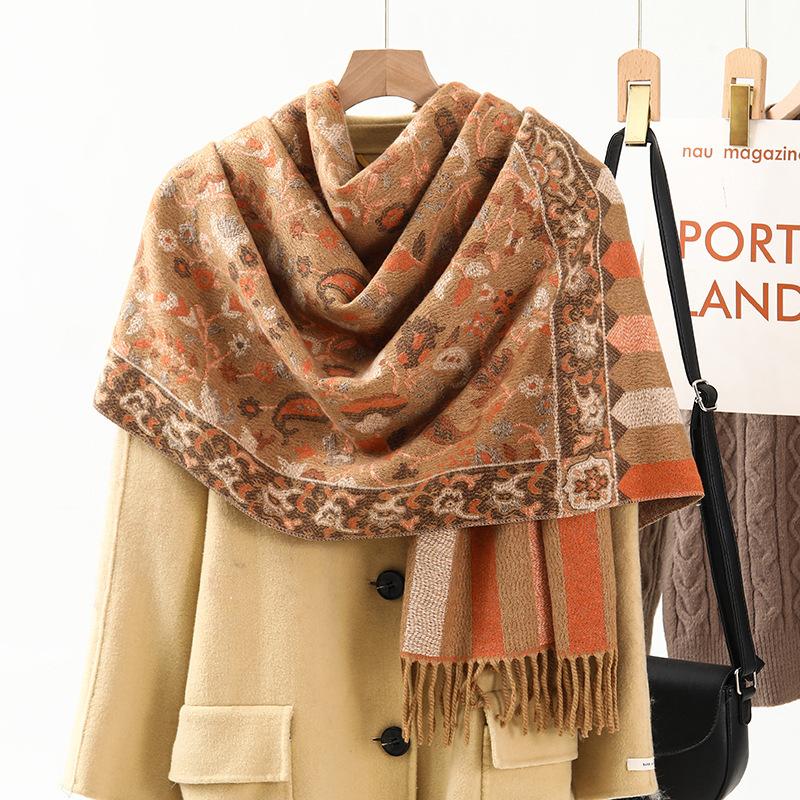 Jacquard Scarf Shawl with Decorative Imitation Cashmere Scarf for Women Winter High End New Style Thickened Ethnic Style Shawl