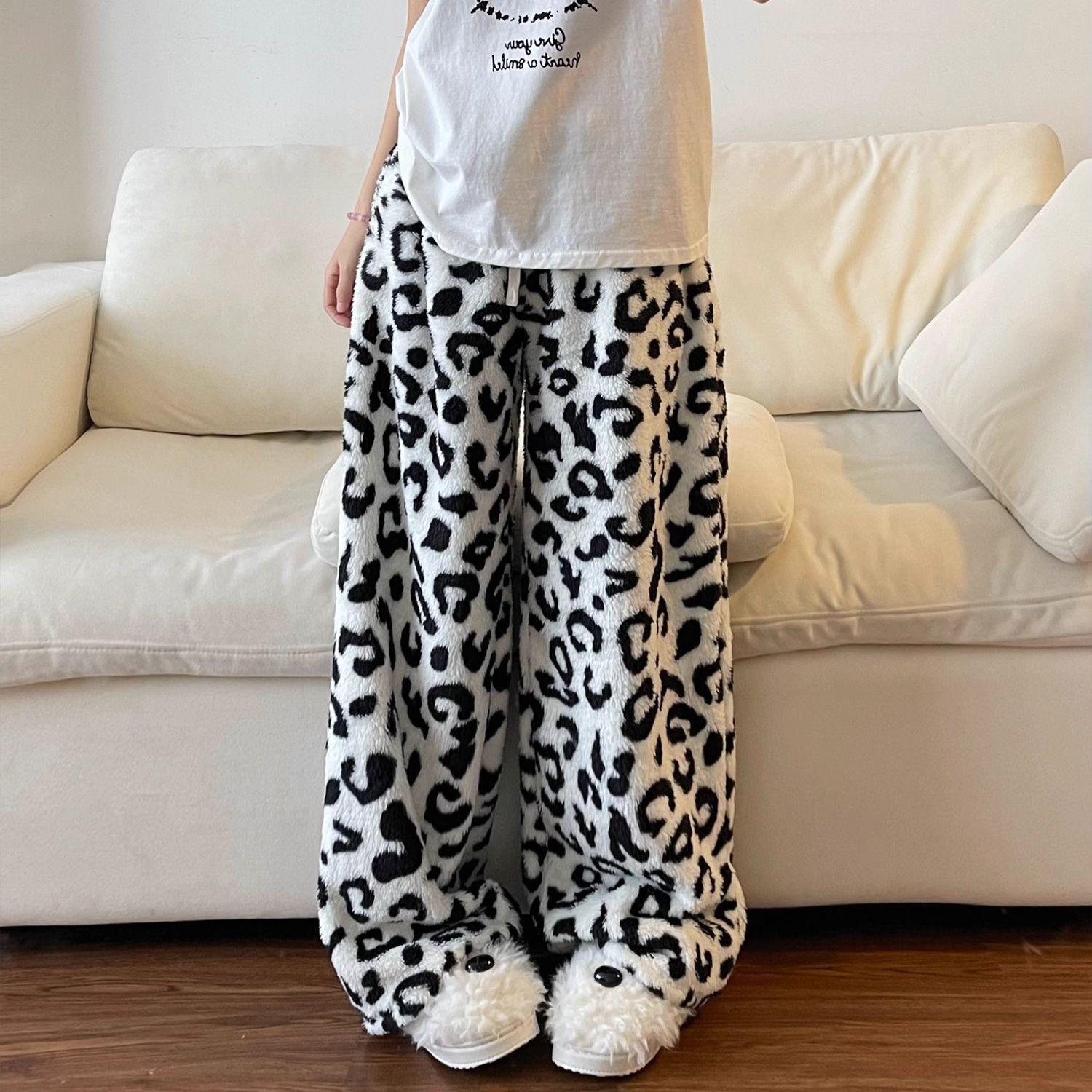 Korean Retro Leopard Print Pajama Pants for Women - 2025 Winter Casual and Warm S