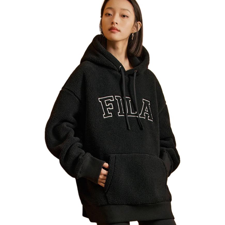 Fila Lettered Hooded Sweatshirt Unisex Sweatshirts Black F11U339203F-BK