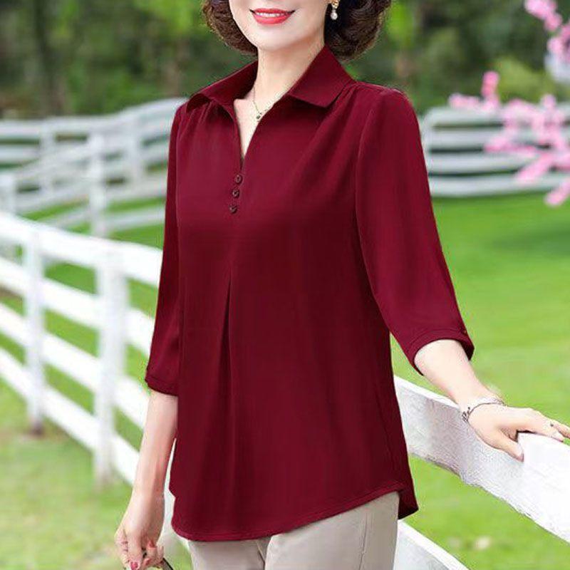 Summer Fashion Oversized Polo-neck Solid Color Shirt Ladies Half Sleeve Loose Casual Top Women Elegant Vintage Shirring Blouse