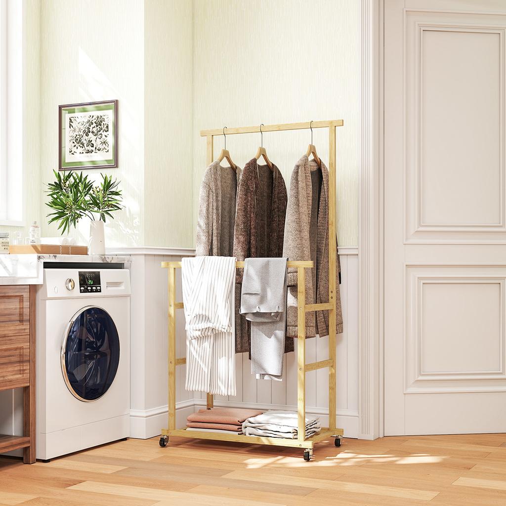 Clothes Rack with Casters, Coat Rack with Clothing Rail, Shoe Shelf, Made of Bamboo, 80 X 40 X 160 Cm, Natural