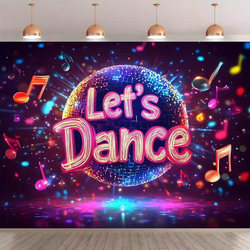 Vibrant Disco Dance Party Backdrop with Music Notes for Photo Booth