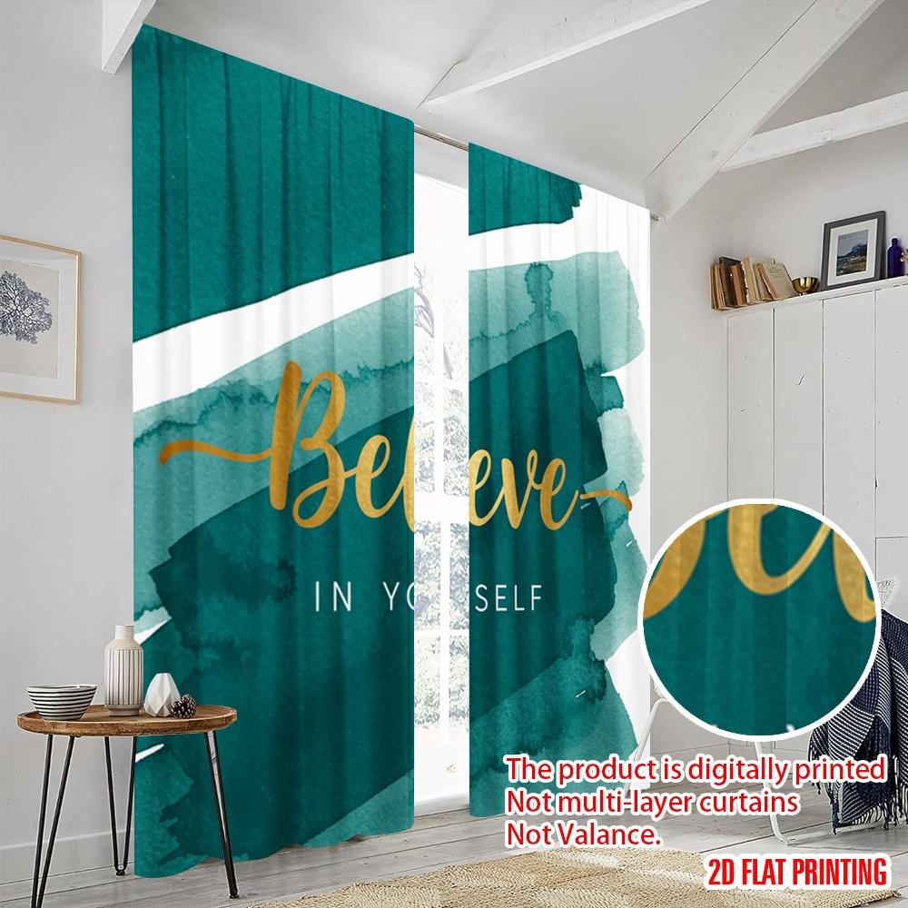 2pcs 2D Flat Printing Window Drapes Believe Yourself Golden Brushstrokes Fabric Without Electricity Festive Wall Decor Perfect