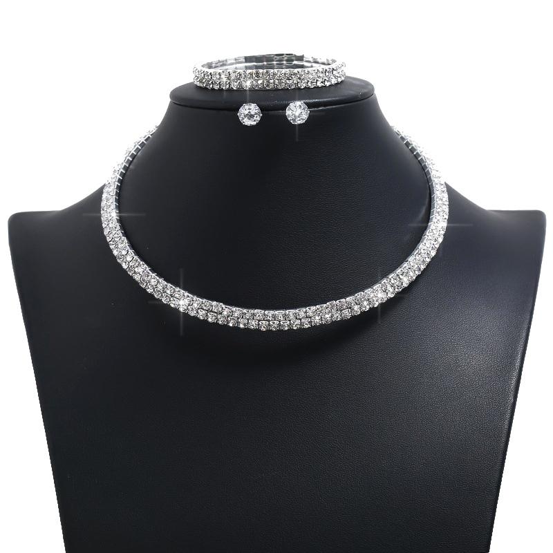 3Pcs/set Fashion Crystal Bridal Jewelry For Women Charm Silver Color Rhinestone Necklace Earrings Bracelet Wedding Party Jewelry