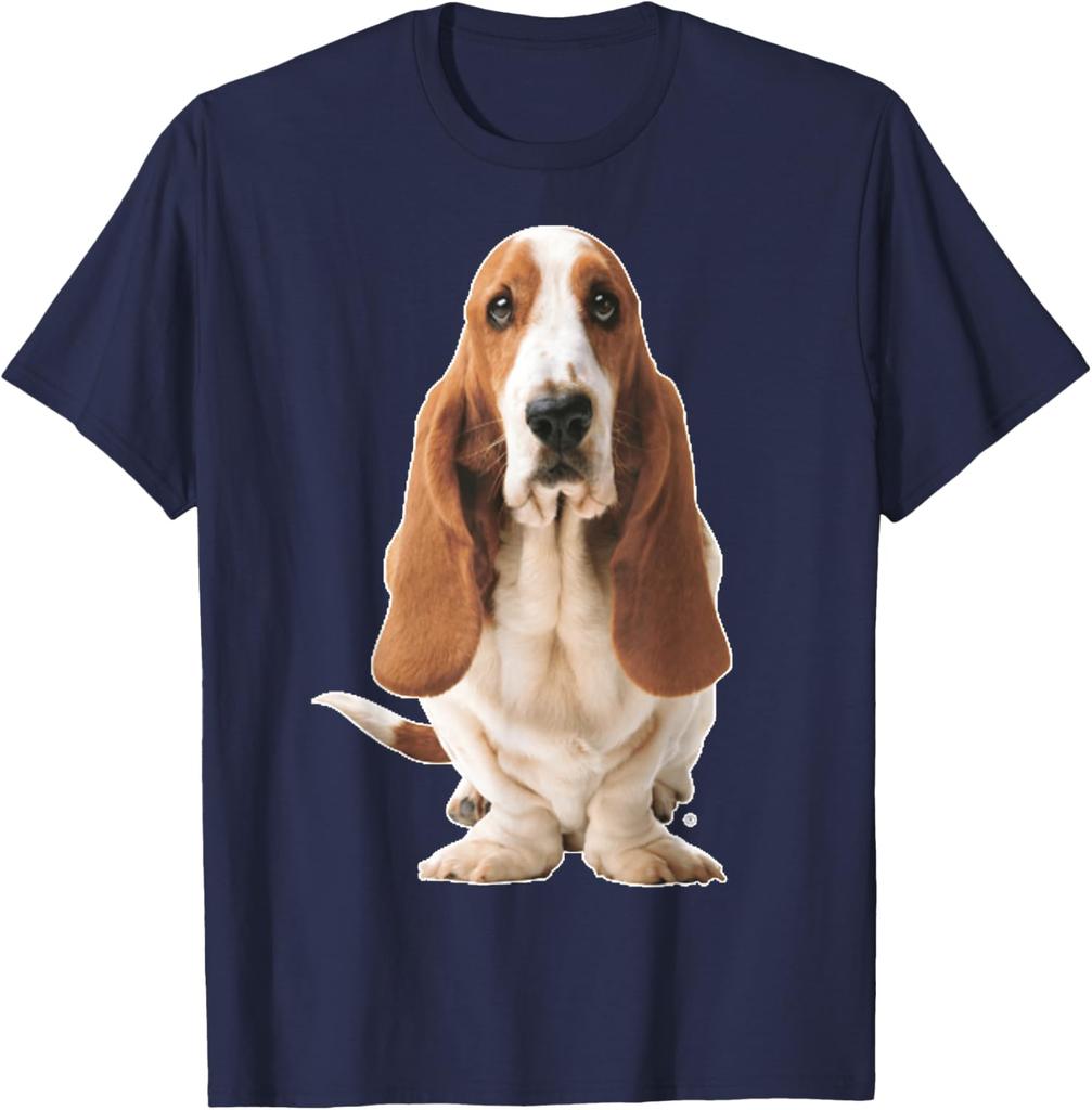 Basset Hound Dog Sitting Graphic Tee Breathable Cotton Casual Short Sleeve T-Shirt for Men