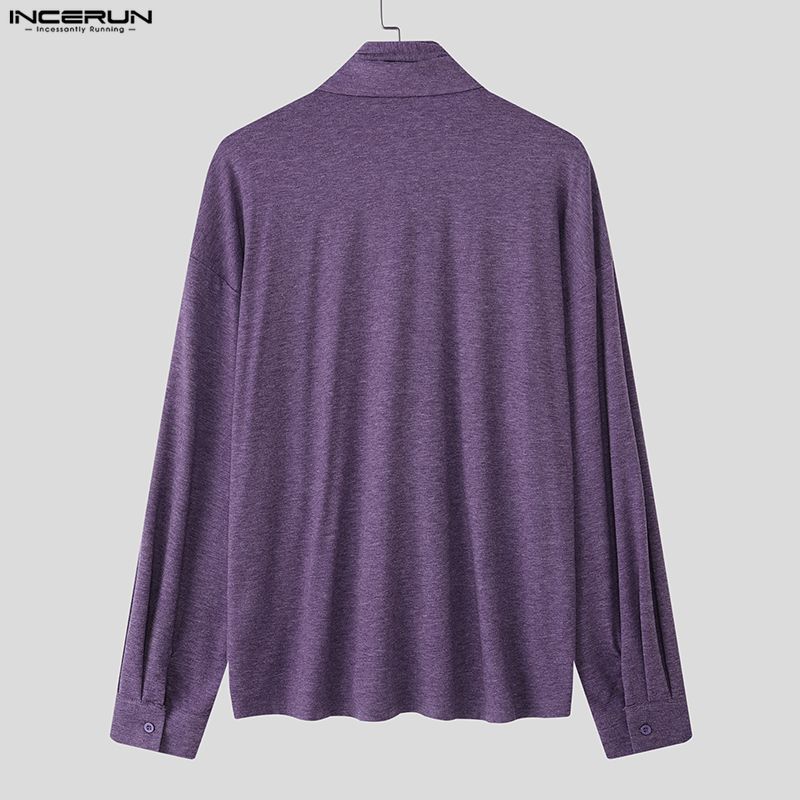 INCERUN Spring Men Tie-up Long Sleeve Casual Loose Oversized Pullover T-shirts Tops