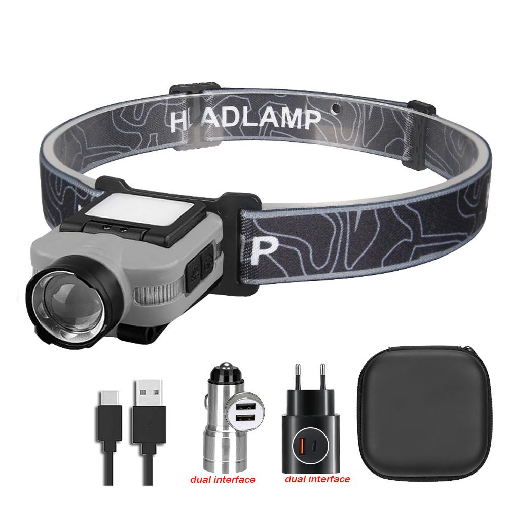 Inductive COB Headlamp,Portable Zoom Headlight,5 Modes Head Lamp, USB Rechargeable Working Flashlight Fishing Running Climbing
