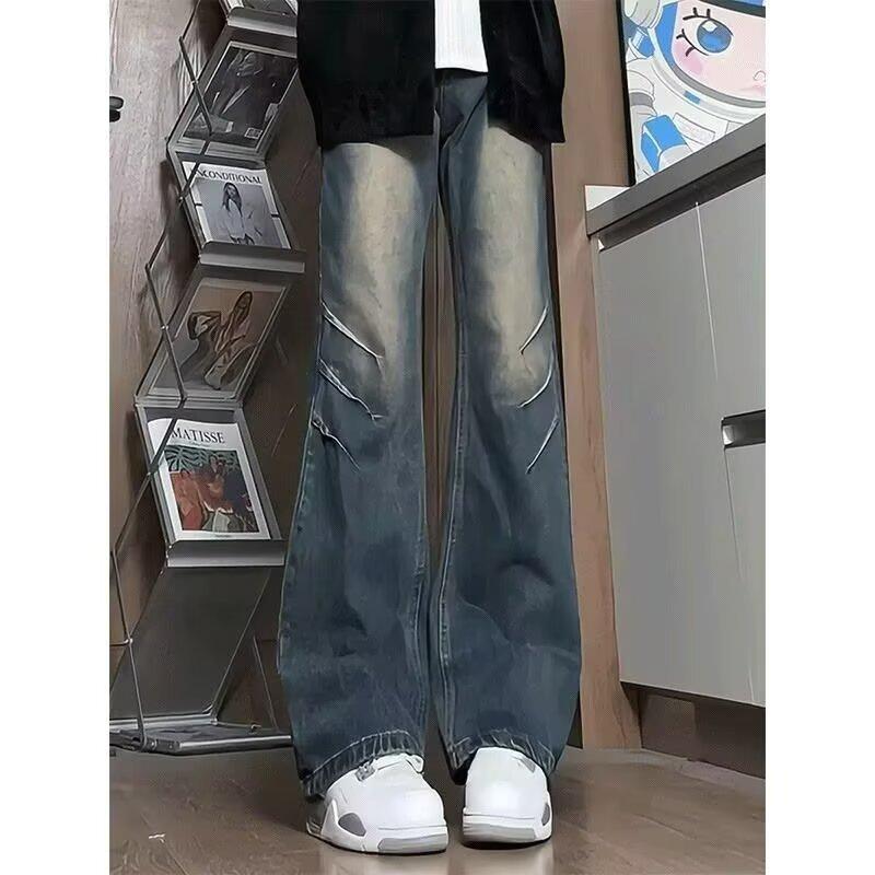American retro washed dark blue jeans men's scimitar vibe pants high street handsome casual straight micro-pull pants