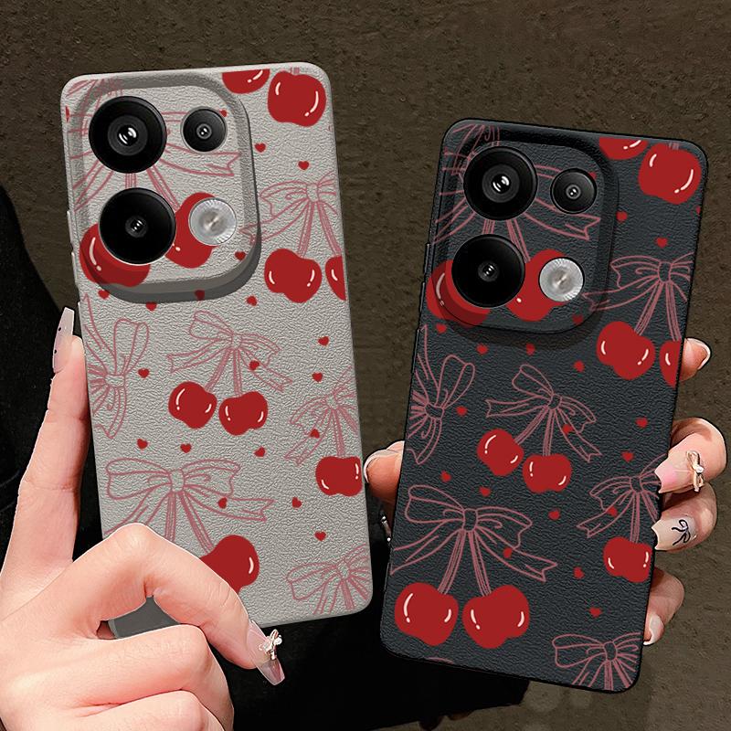 Cherry Bowknot Print Slim Soft Phone Case For Xiaomi 13T Pro Poco X7 X6 M6 Redmi 13C Note 14 13 Pro 12 11 Matte TPU Leather Texture Shockproof Cover