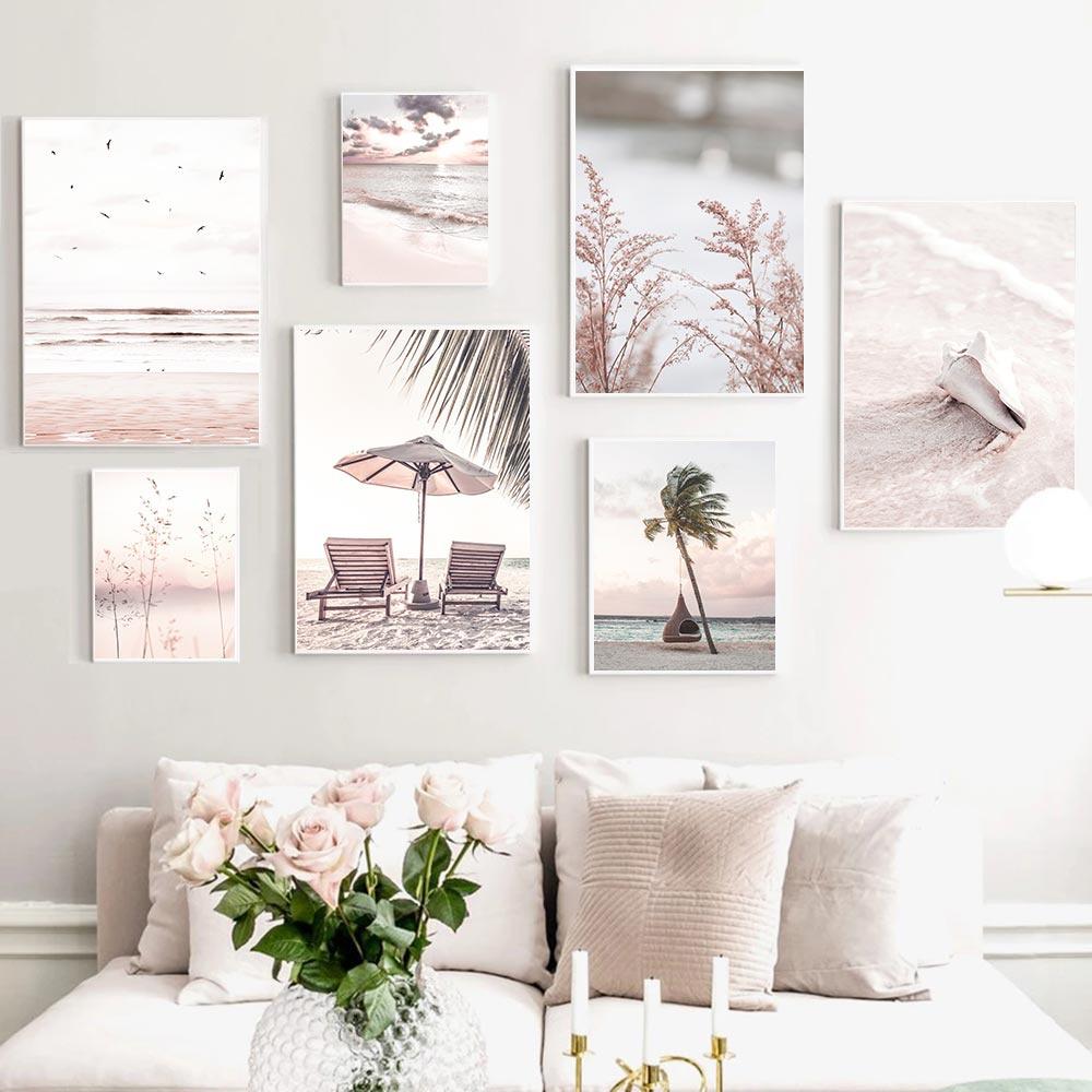 Pink Seascape Wall Art Canvas Painting Sunshine Beach Wall Poster Print Starfish Palm Tree Prints Nordic Wall Picture Home Decor