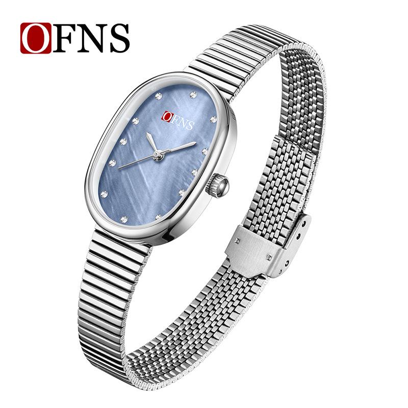 OFNS Luxury Women's Watch: Mother-of-Pearl Dial, Quartz, Diamond Accents, Waterproof, Elegant Office Accessory.