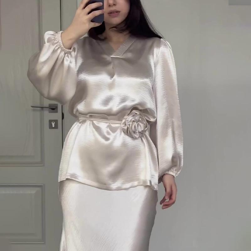 2025 Cross-Border Gratitude Fashion Suit French Elegance Celebrity Temperament Satin Lace-Up Shirt Skirt