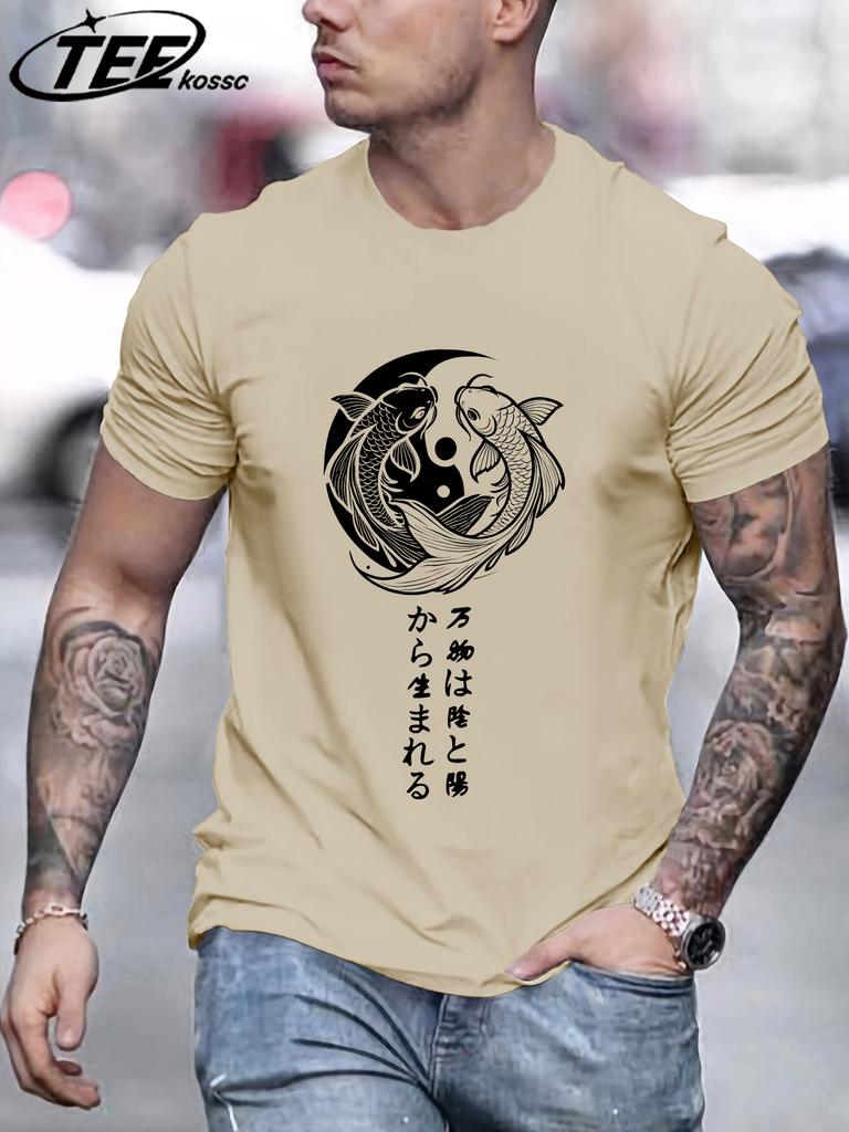Japanese Harajuku Koi Art Letter Print Mens TShirt Loose Casual T Shirt AllMatch Cotton Streetwear Male Fashion Soft Clothing