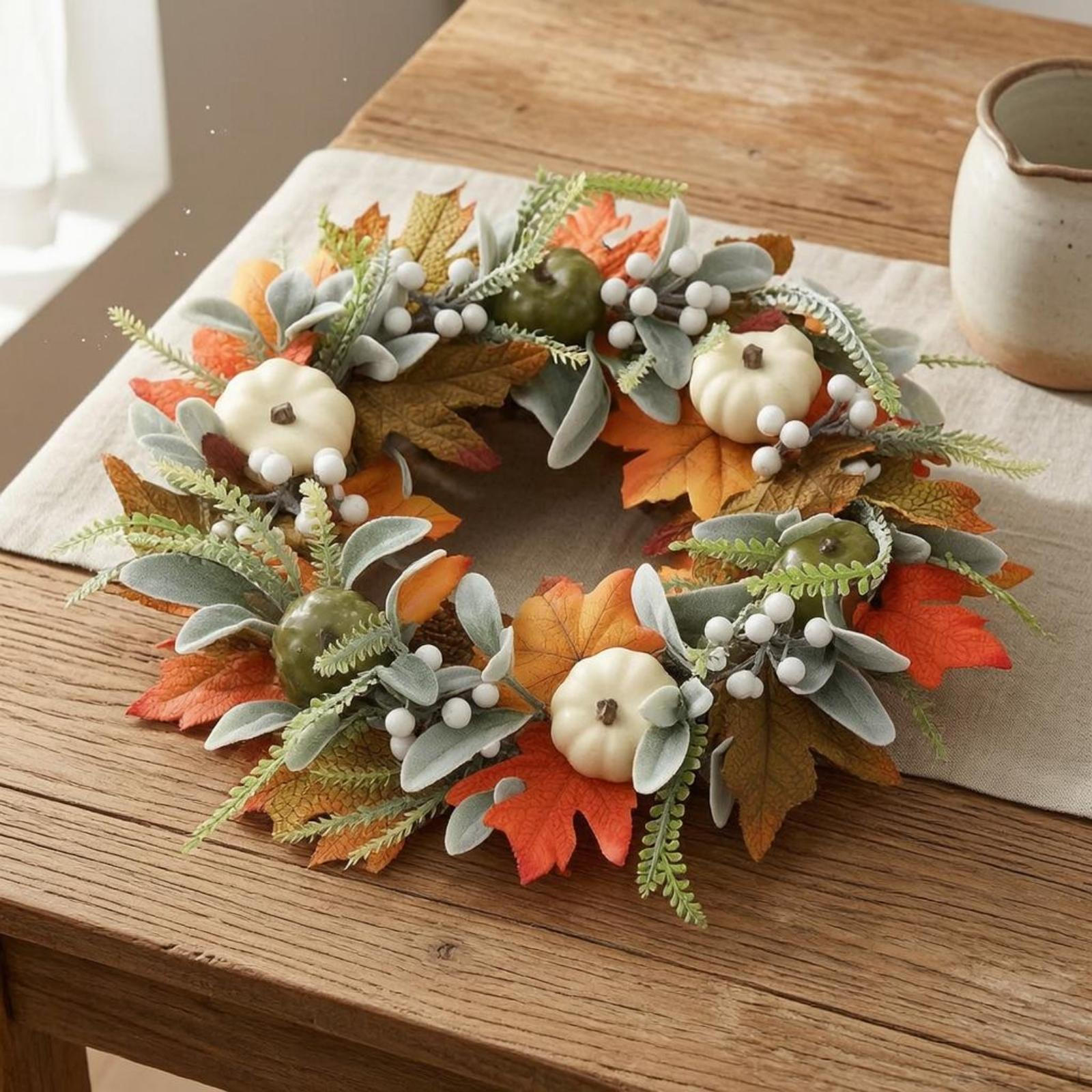 Autumn Wreath Silk Flowers Fall Faux Pumpkins Wall Hanging 40CM