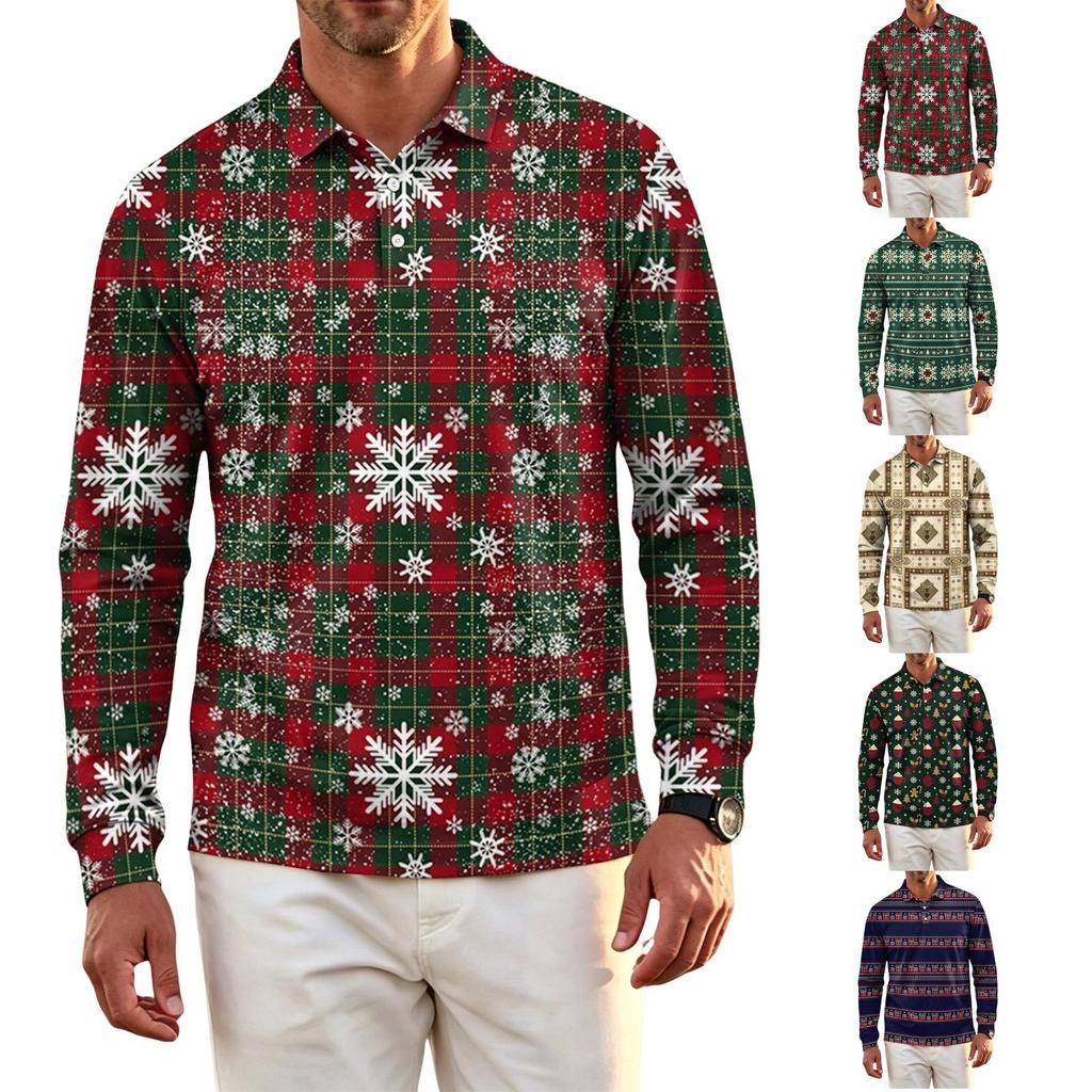 Men's Quick-Dry Mesh Golf Shirt, Long Sleeve Christmas Print Casual Top