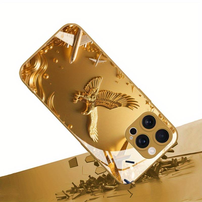 Golden Eagle Pattern Gold Metallic Paint Glass Phone Case For iPhone 17 16 15 14 13 12 11 Pro Max 15 14 Plus 17Air 16E Cover