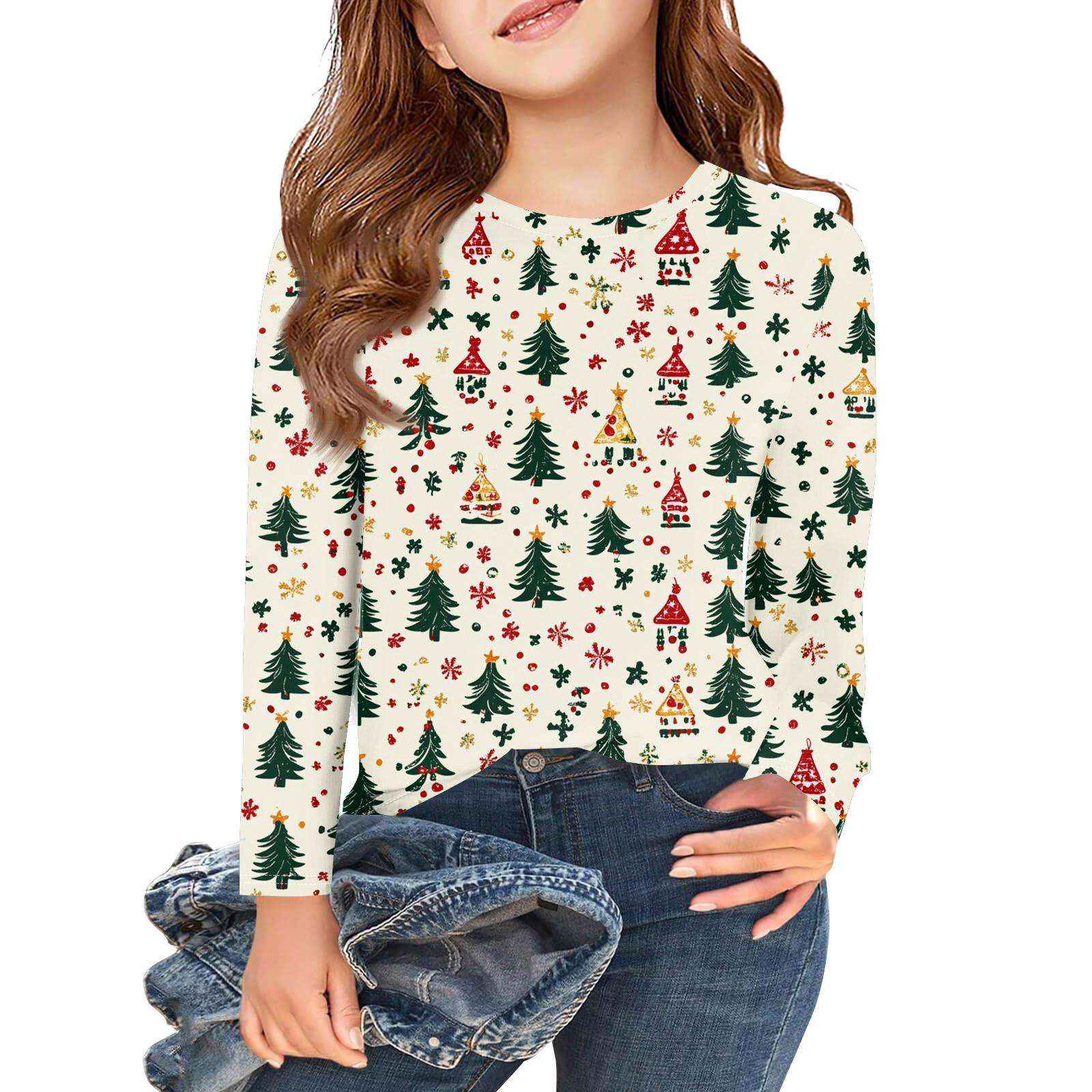 

Рождественские футболки с длинным рукавом для девочек, детские осенние топы с круглым вырезом и принтом, базовые футболки 150 бежевый