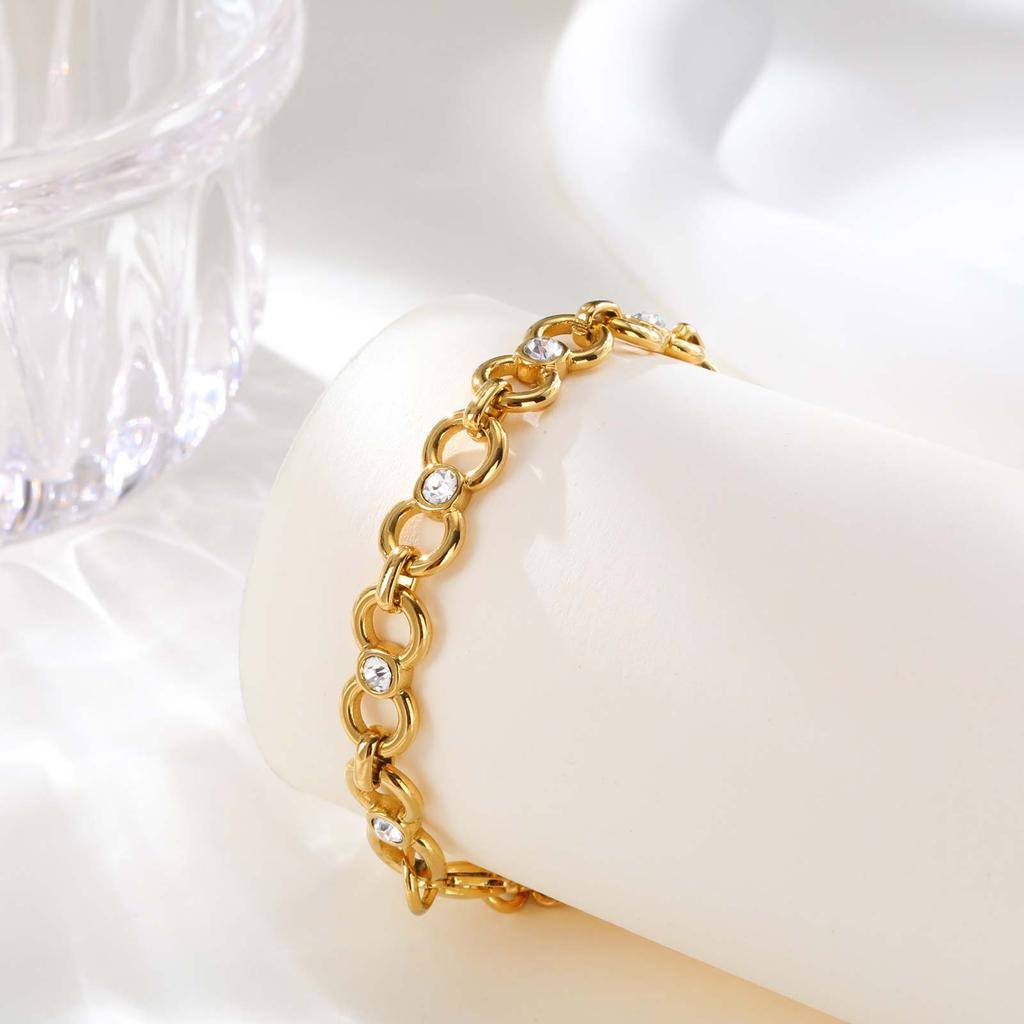 Women's Fashion Exquisite Zircon Handmade Round Chain Bracelet, 18K Gold-plated Stainless Steel Wristband, Luxury Jewelry Gift