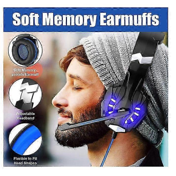 Cuffie da Gaming Stereo, Cuffie Over-Ear con Cancellazione del Rumore e Microfono, Luce LED, Surround Bassi, Padiglioni Morbidi in Memory Foam(blu) 25-26