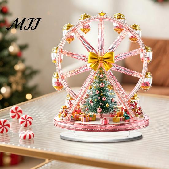 Ferris Wheel Display 2D Acrylic Christmas Tabletop Decoration, Festive Village Scene Ornament Playground Theme with Snowman & Trees, Holiday