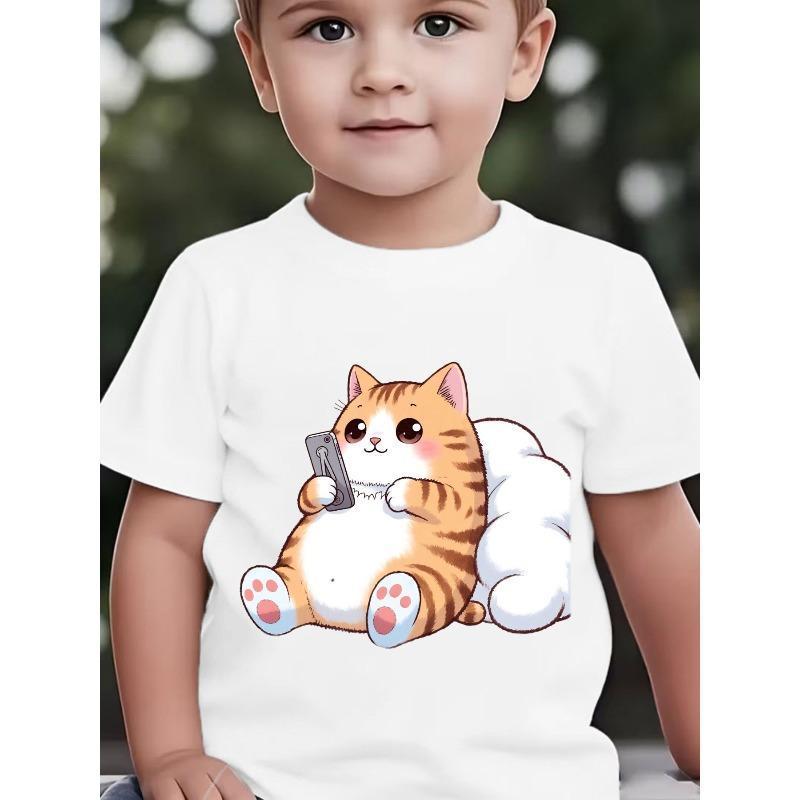 Baby Boy Short Sleeve Cute Chubby Orange White Cartoon Cat Holding Phone Childlike Print Top 110 белый