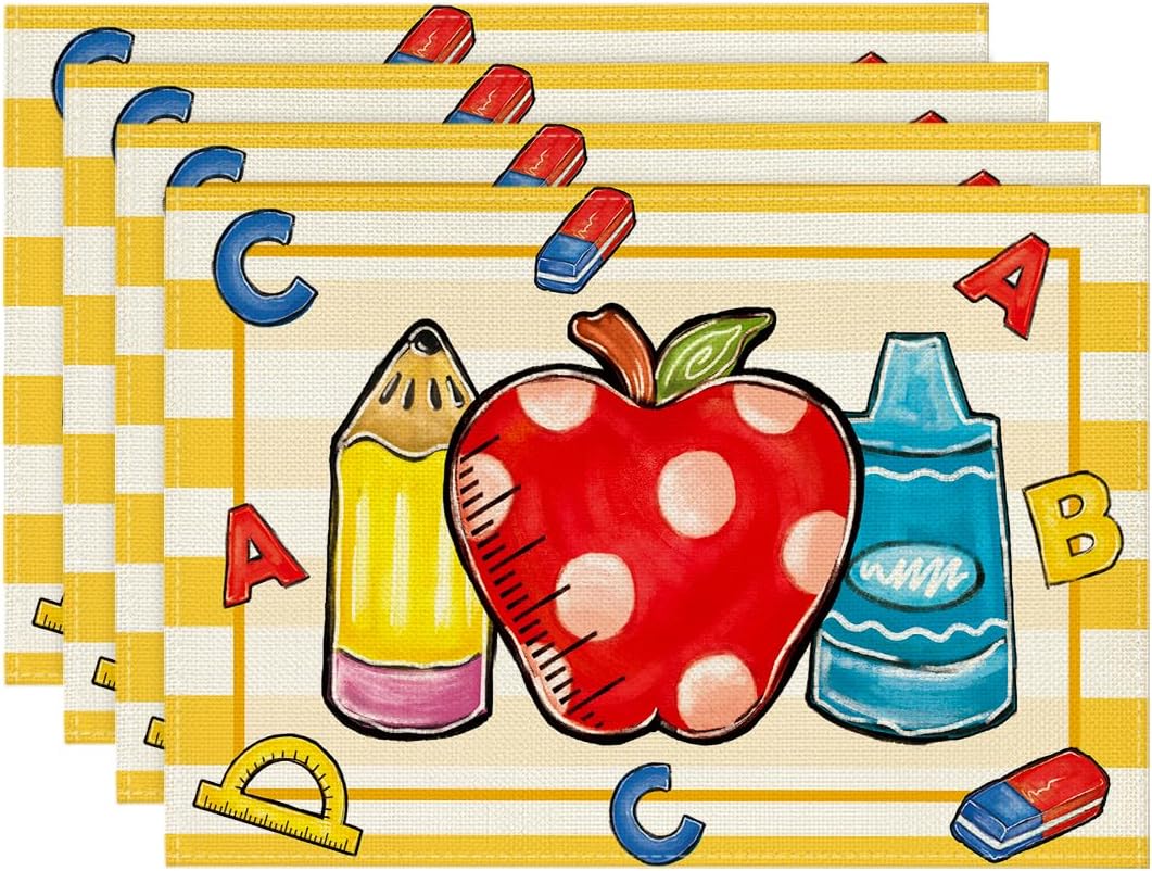 

Stripes Pencils Glue Back to School Placemats Set of 4, 12x18 Inch Teacher Appreciation Week Table Mats for Party Classroom Dining Decoration 4pcs-12x18